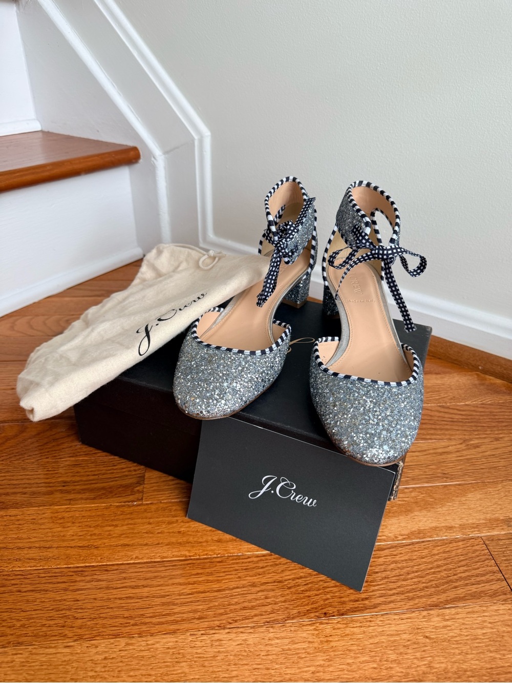 J. Crew Silver Glitter Ankle-Strap Pumps with Black-White Trim
